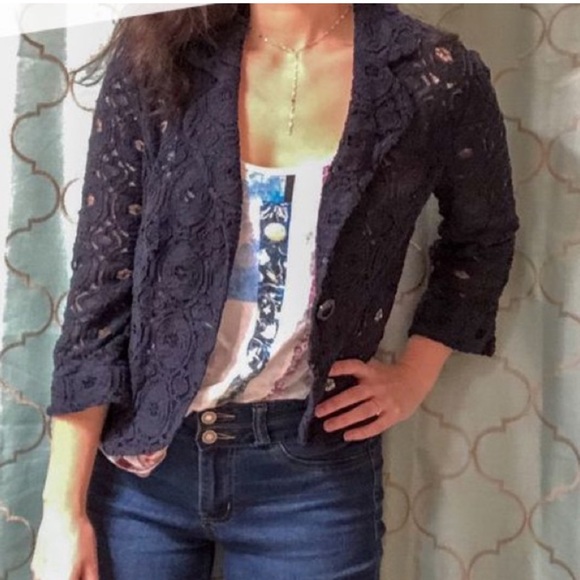 Anthropologie Jackets & Blazers - Anthropologie Tabitha Delphinium Knit Lace Blazer Navy Blue Wedding Summ…